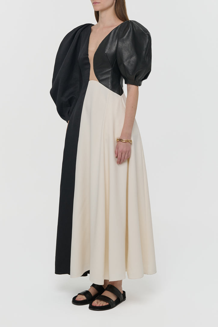 Sephir Puff Sleeve Maxi Dress in Ivory Silk Wool Cady, Black Linen Slub & Leather