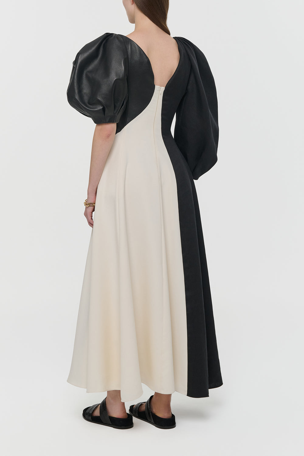 Sephir Maxi Dress In Ivory Silk Wool Cady & Black Linen Slub & Leather