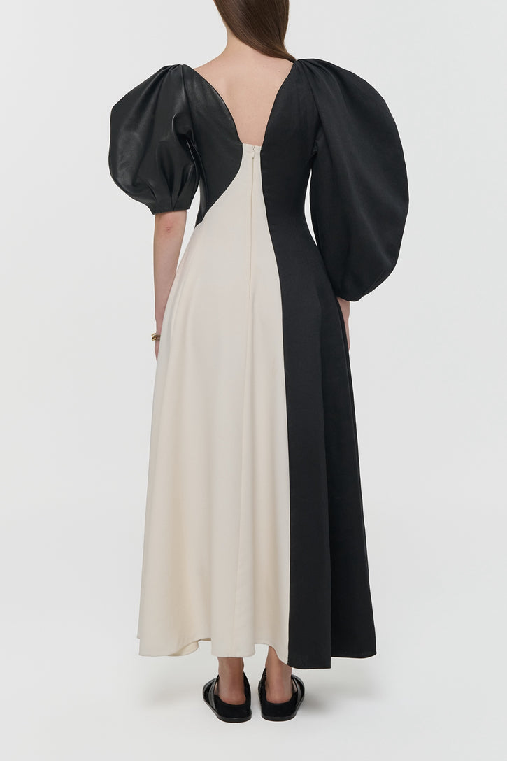 Sephir Puff Sleeve Maxi Dress in Ivory Silk Wool Cady, Black Linen Slub & Leather