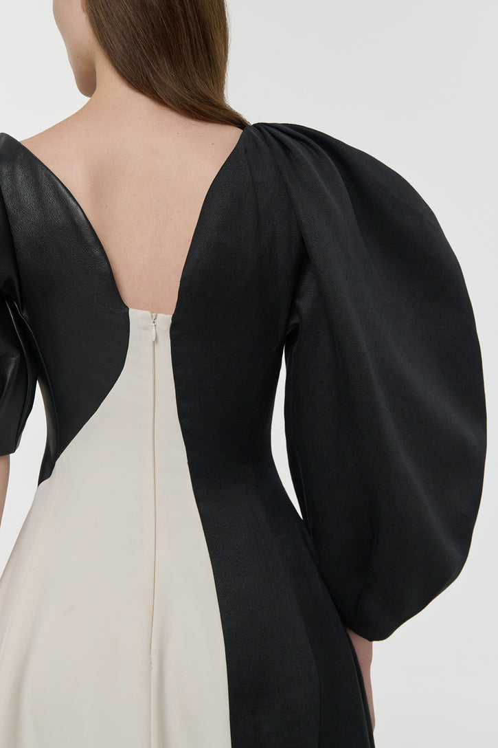 Sephir Puff Sleeve Maxi Dress in Ivory Silk Wool Cady, Black Linen Slub & Leather