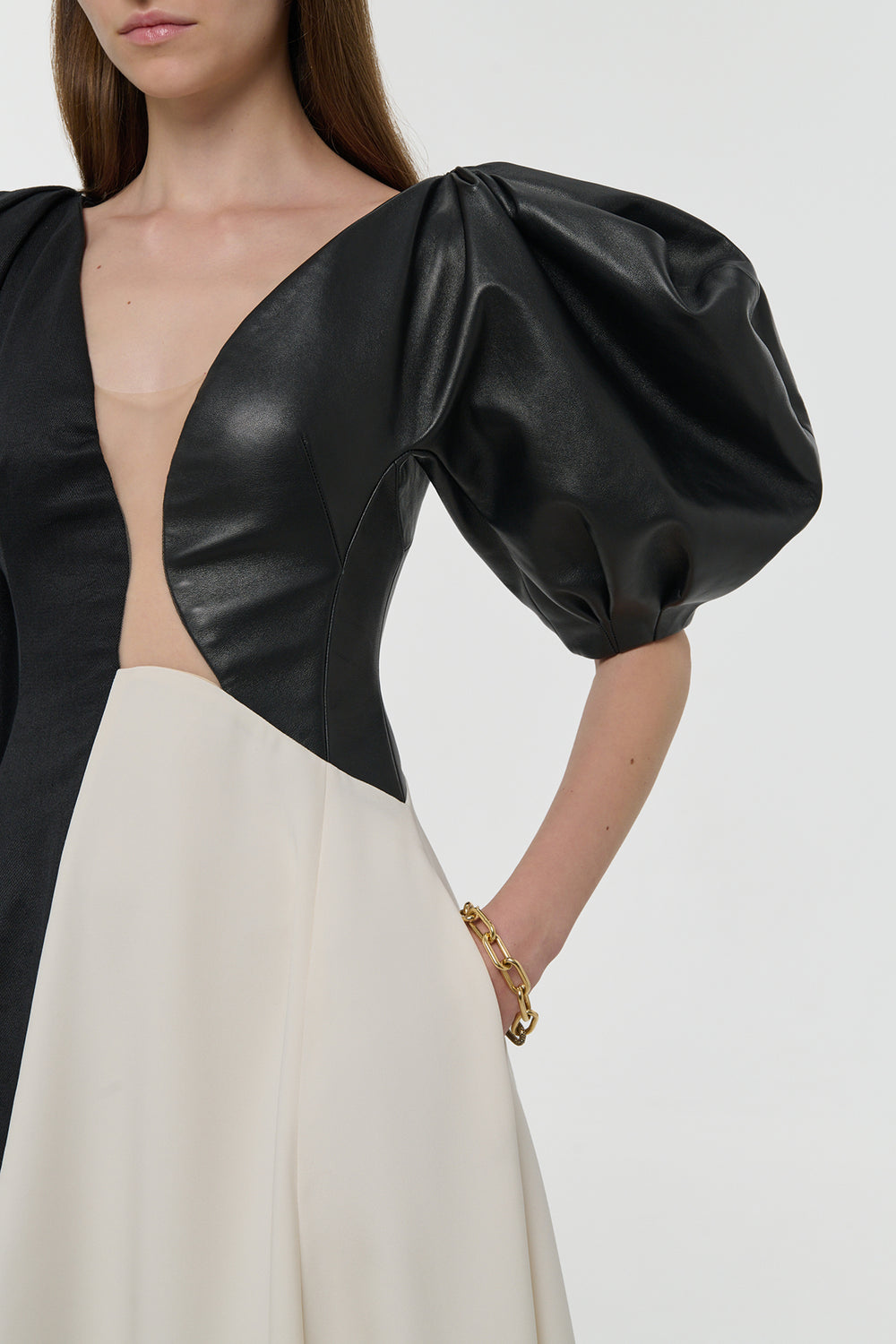 Sephir Maxi Dress In Ivory Silk Wool Cady & Black Linen Slub & Leather