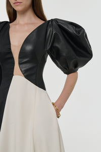 Sephir Maxi Dress In Ivory Silk Wool Cady & Black Linen Slub & Leather