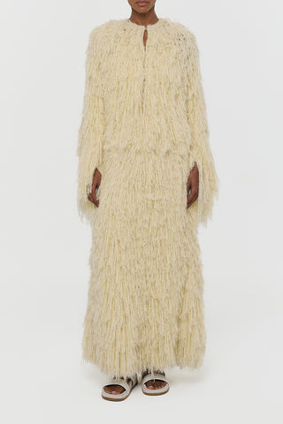 Off White Silk Cashmere Amina Fringe Knit Jacket - Full Length Front View | Gabriela Hearst