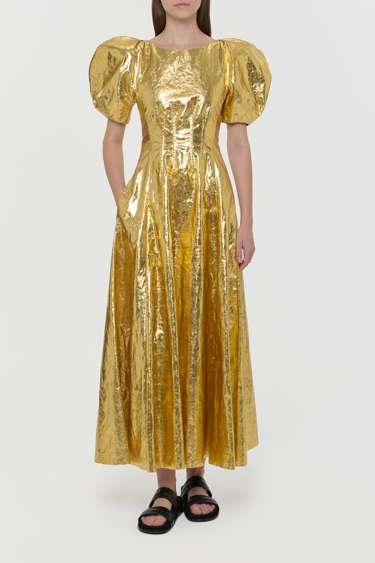 Ranya Puff Sleeve Maxi Dress in Metallic Gold Linen Twill