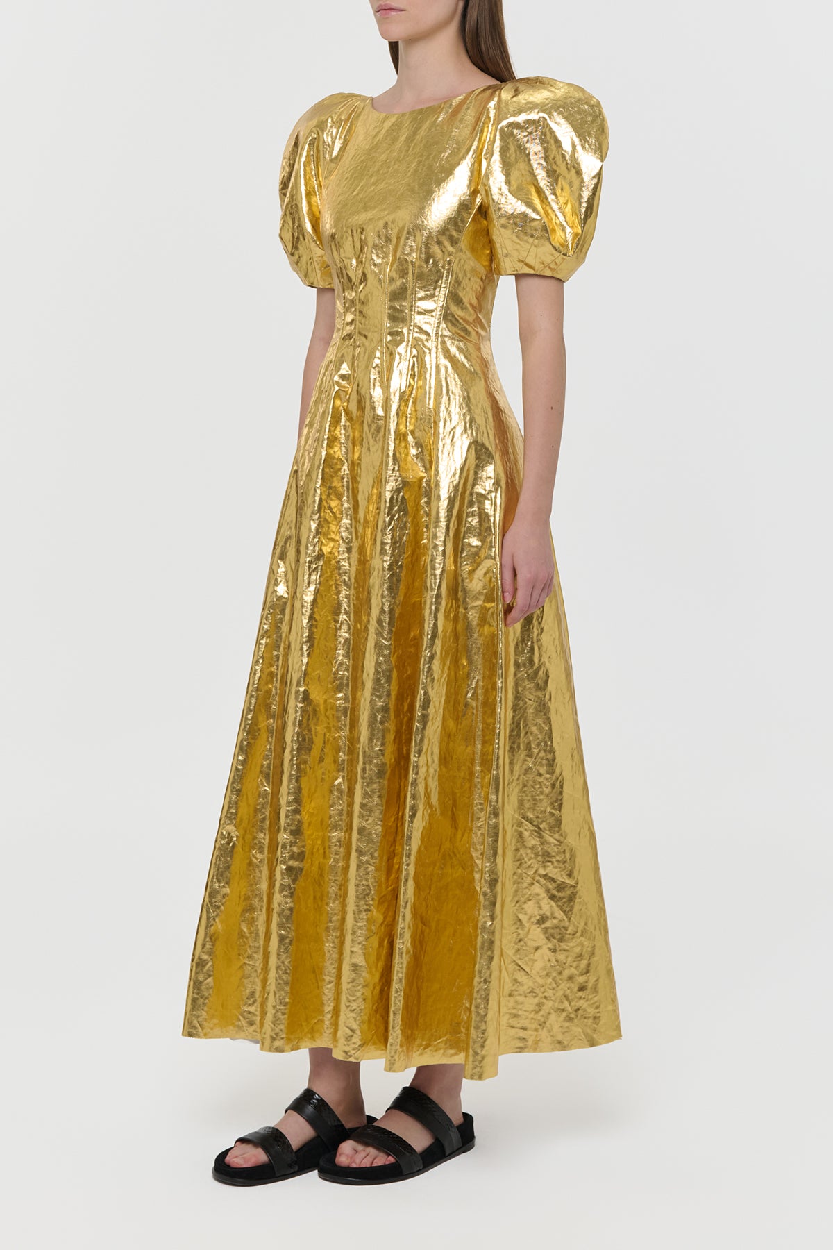 Ranya Puff Sleeve Maxi Dress in Metallic Gold Linen Twill