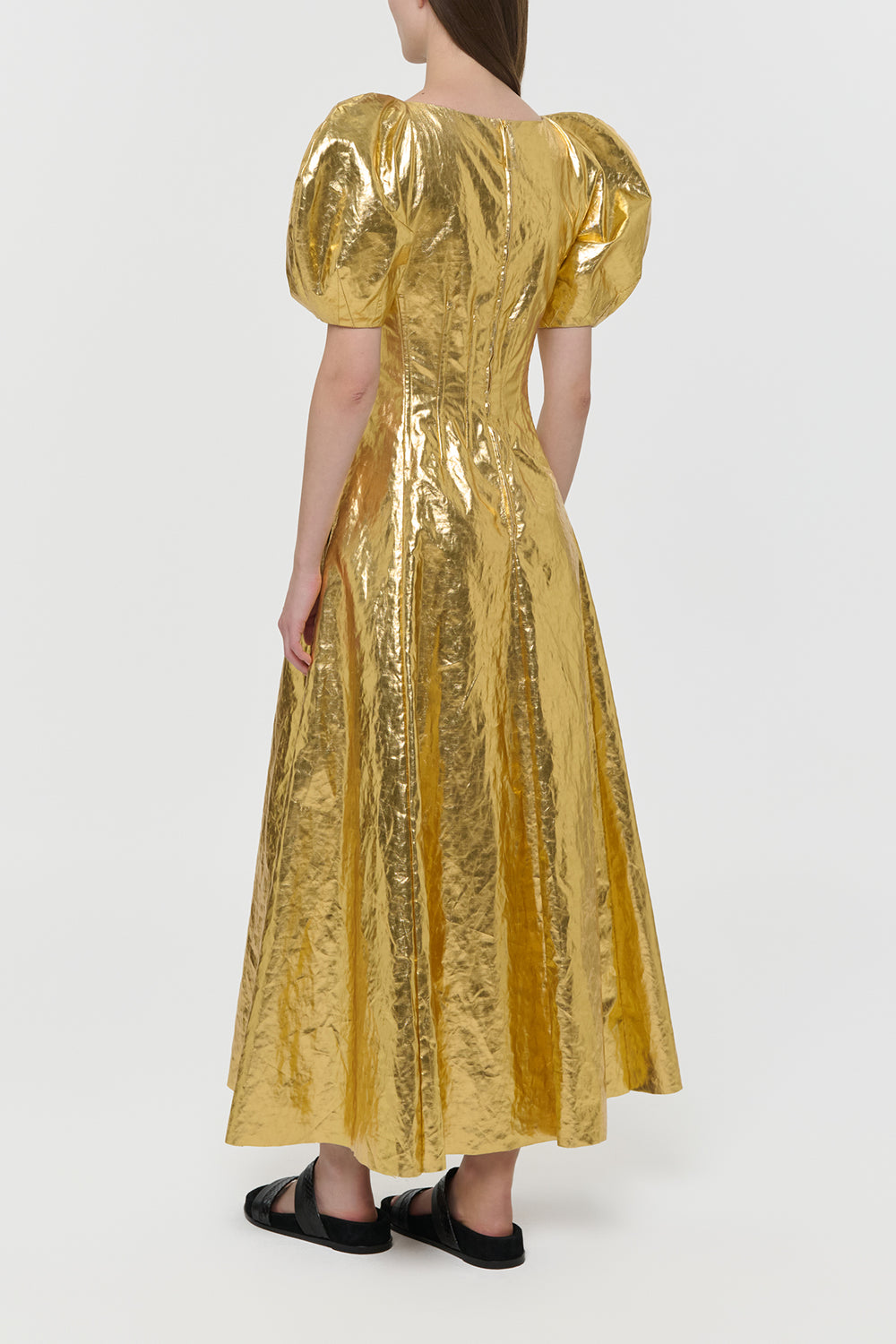Ranya Puff Sleeve Maxi Dress in Metallic Gold Linen Twill