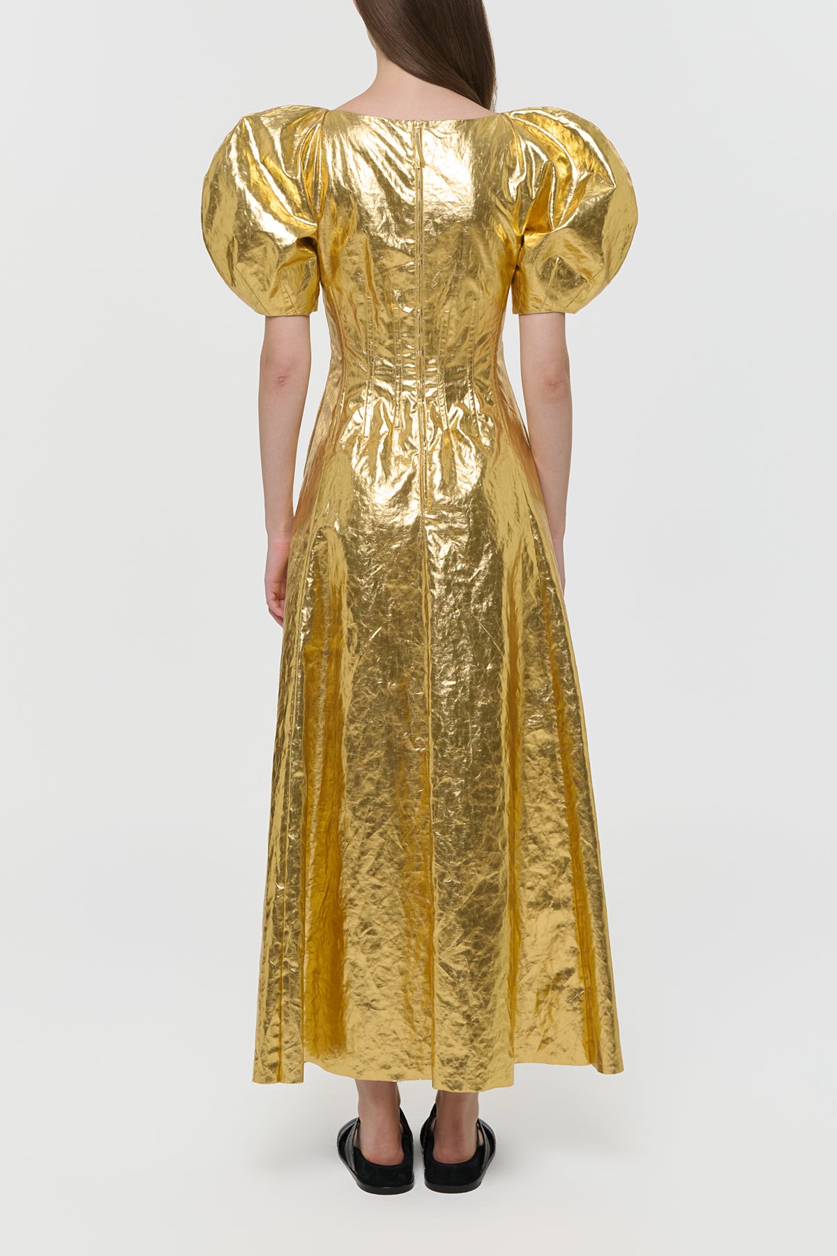 Ranya Puff Sleeve Maxi Dress in Metallic Gold Linen Twill
