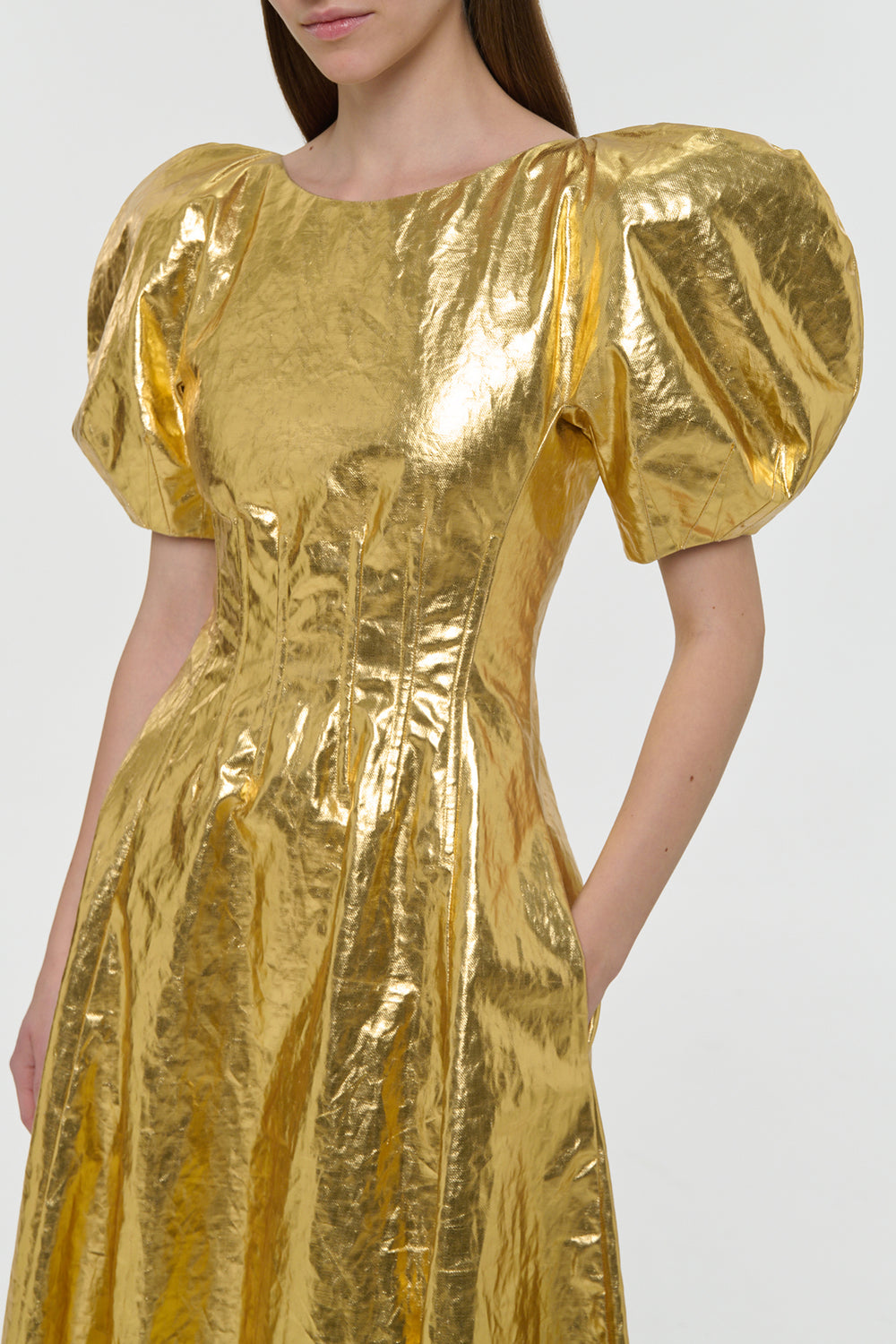 Ranya Puff Sleeve Maxi Dress in Metallic Gold Linen Twill