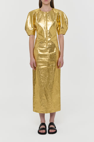 Gold Metallic Linen Twill Midi Skirt Styled Look - Front View | Gabriela Hearst