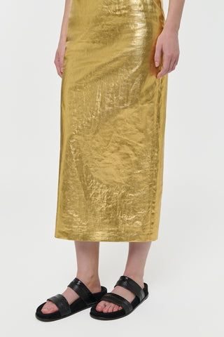 Metallic Gold Linen Twill Skirt - Close-up Texture Detail | Gabriela Hearst