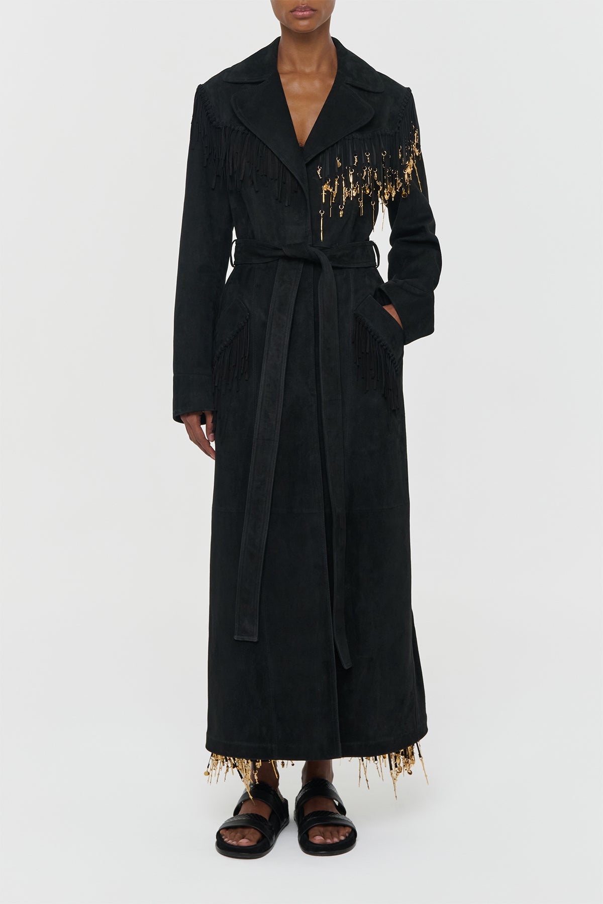 ❤️レア❗️TFW49『HANDSFREE COAT』❤️1piu1uguale3 Thaniel Women's Black Suede Fringe Trench Coat | Gabriela Hearst