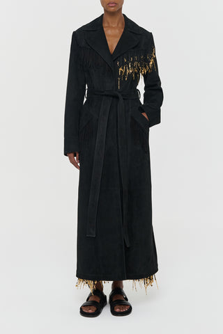 Black Suede Thaniel Fringe Trench Coat with Belt - Front View | Gabriela Hearst