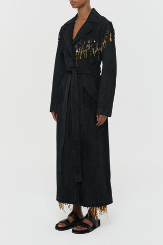 Black Suede Fringe Trench with Rose Gold Charms - Side View | Gabriela Hearst