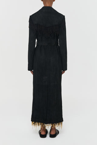 Black Suede Fringe Trench Coat with Belt - Rear View | Gabriela Hearst