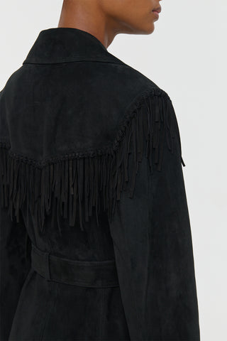 Thaniel Fringe Trench Coat in Black Suede with Charms