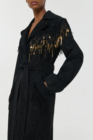 Black Suede Thaniel Trench with Gold Tarot Charms - Three Quarter View | Gabriela Hearst