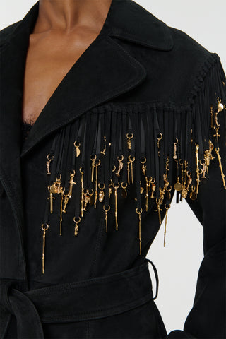 Black Suede Thaniel Trench Rose Gold Tarot Charms - Fringe Detail | Gabriela Hearst
