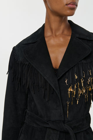 Black Suede Fringe Trench Lapel with Rose Gold Charms - Detail View | Gabriela Hearst