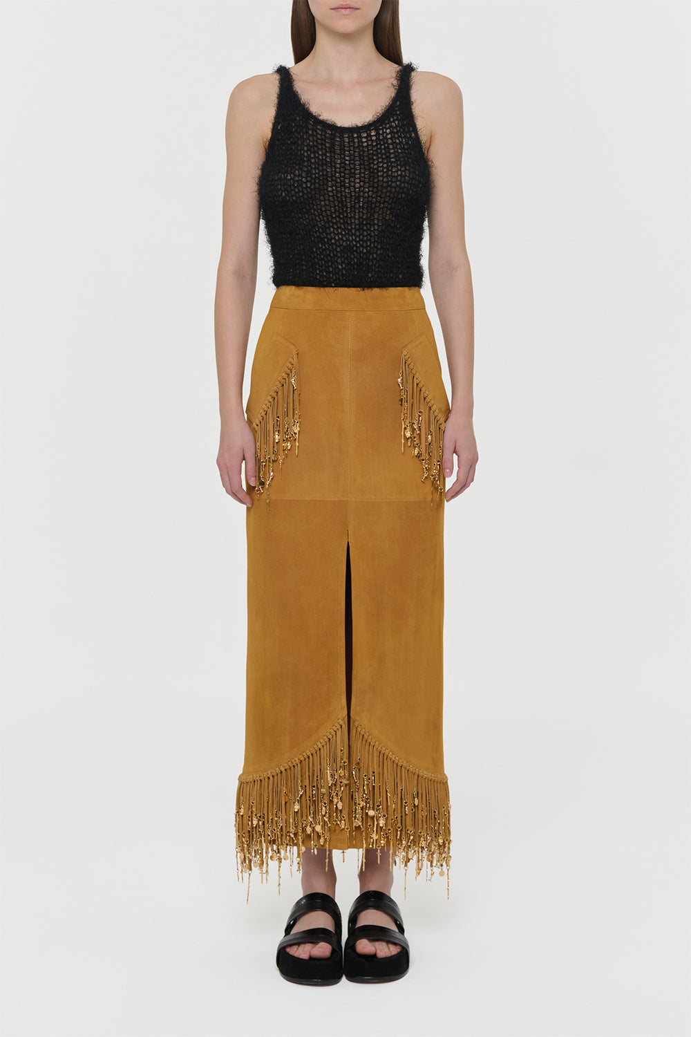 Kalyan Fringe Maxi Skirt in Cashew Suede with Charms