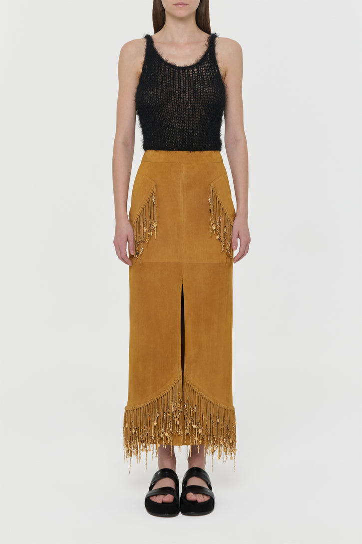 Kalyan Fringe Maxi Skirt in Cashew Suede with Charms