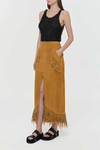 Cashew Suede Fringe Maxi Skirt - Side Profile On Model | Gabriela Hearst