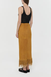 Kalyan Fringe Maxi Skirt in Cashew Suede with Charms