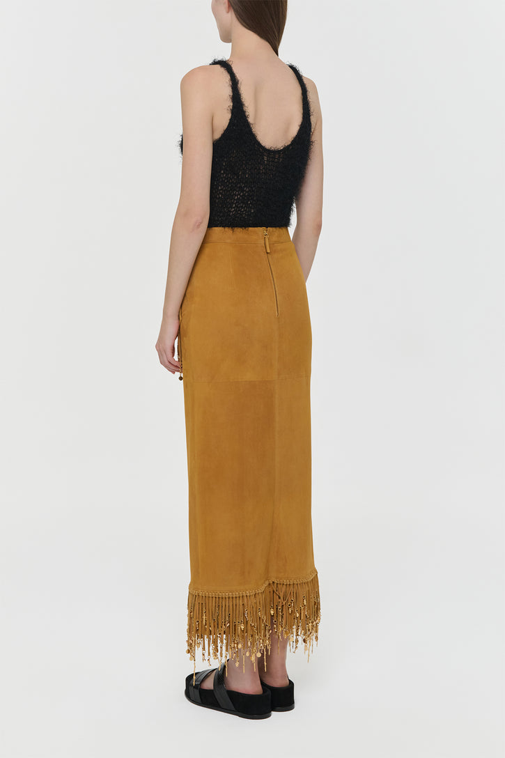 Kalyan Fringe Maxi Skirt in Cashew Suede with Charms