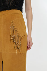Kalyan Fringe Maxi Skirt in Cashew Suede with Charms