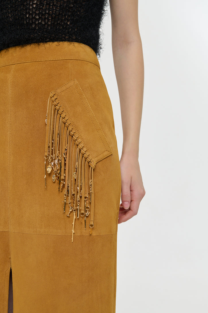 Kalyan Fringe Maxi Skirt in Cashew Suede with Charms