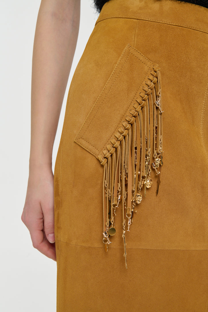 Kalyan Fringe Maxi Skirt in Cashew Suede with Charms