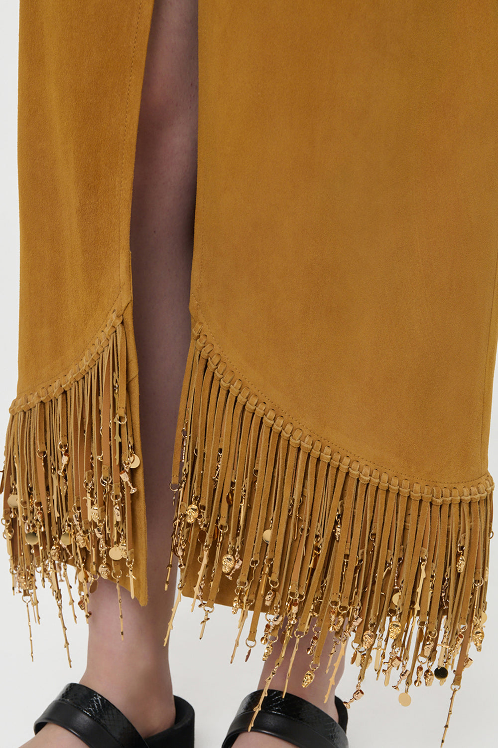 Kalyan Fringe Maxi Skirt in Cashew Suede with Charms