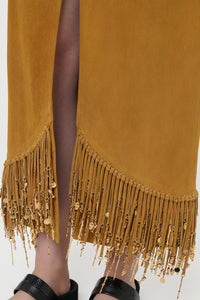 Kalyan Fringe Maxi Skirt in Cashew Suede with Charms