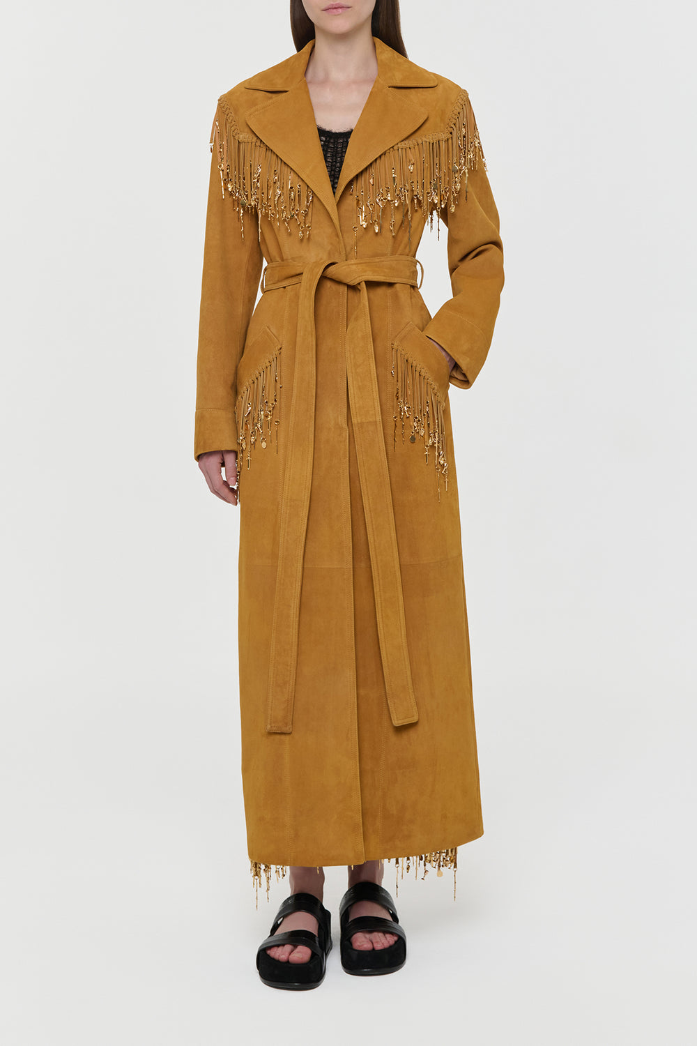 Thaniel Fringe Trench Coat in Cashew Suede with Charms