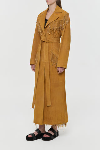 Cashew Suede Fringe Trench Coat with Rose Gold Charms - Side View | Gabriela Hearst