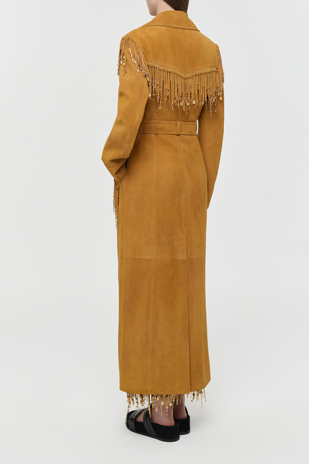 Thaniel Fringe Trench Coat in Cashew Suede with Charms