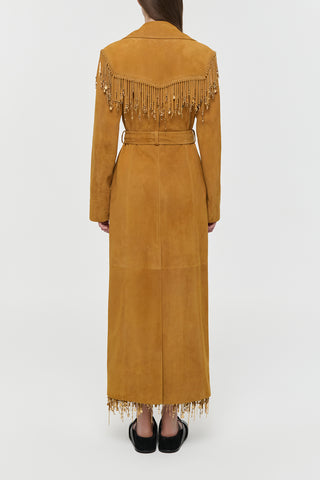 Cashew Suede Fringe Trench Coat with Belt - Rear View | Gabriela Hearst