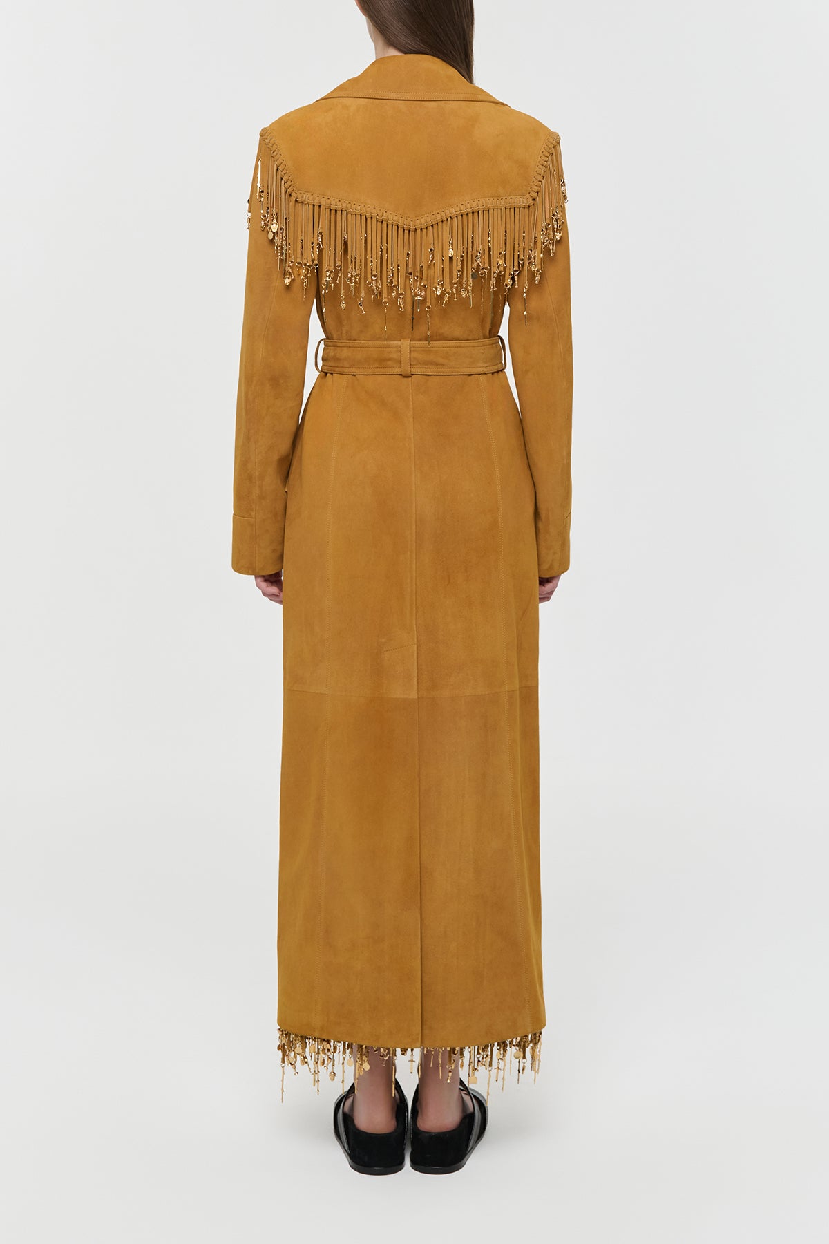 Thaniel Fringe Trench Coat in Cashew Suede with Charms
