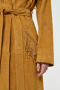Thaniel Fringe Trench Coat in Cashew Suede with Charms