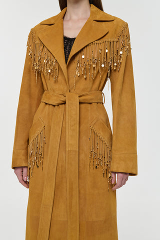 Cashew Suede Thaniel Trench Coat - Front Detail with Rose Gold Charms | Gabriela Hearst