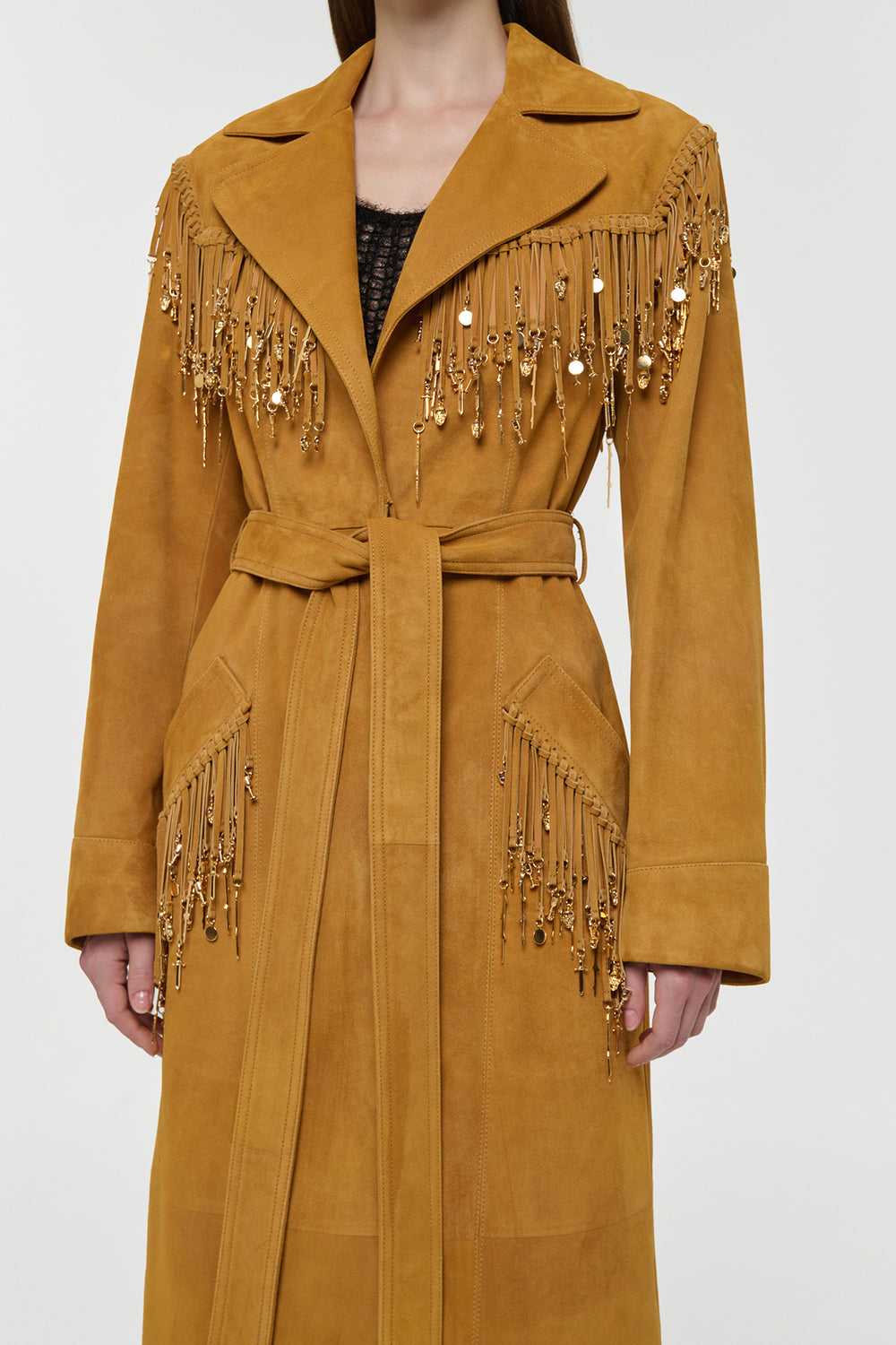 Thaniel Fringe Trench Coat in Cashew Suede with Charms