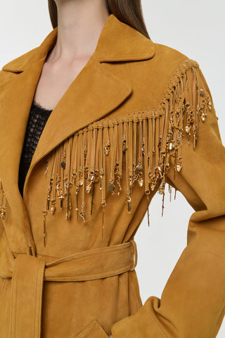 Cashew Suede Fringe Trench Coat - Lapel and Tarot Charm Detail | Gabriela Hearst