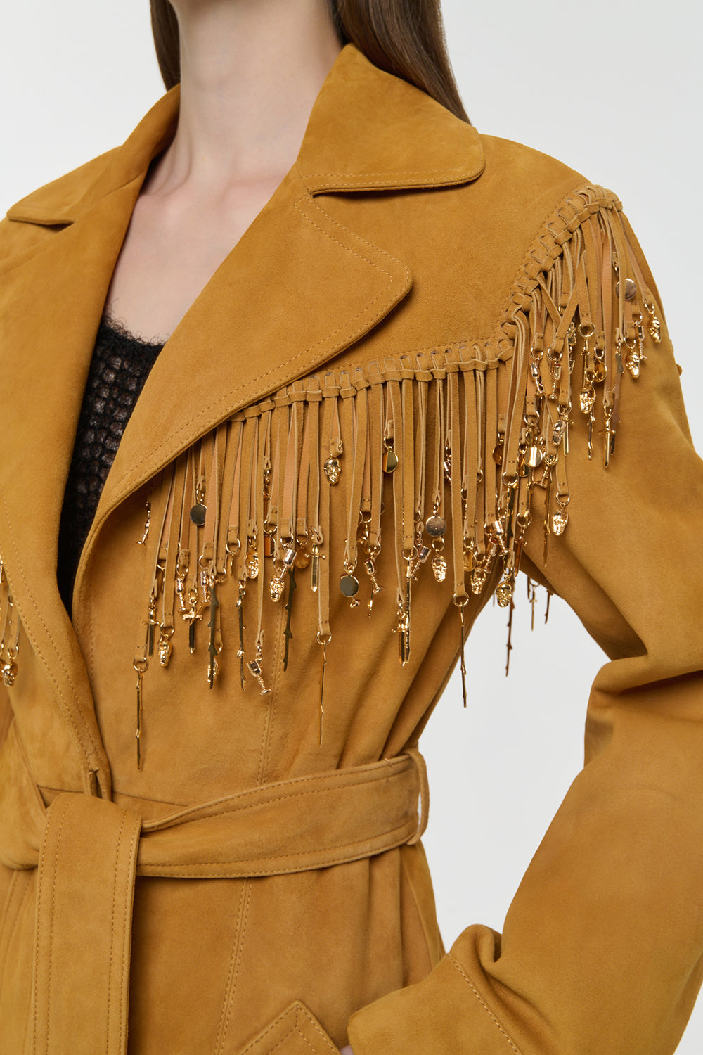 Thaniel Fringe Trench Coat in Cashew Suede with Charms