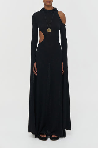 Black Silk Daya Cutout Hoodie Maxi Dress with Gold Pendant Necklace - Studio Front View | Gabriela Hearst