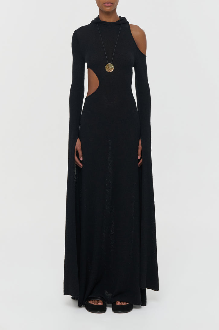 Daya Cutout Knit Hoodie Maxi Dress in Black Mulberry Silk