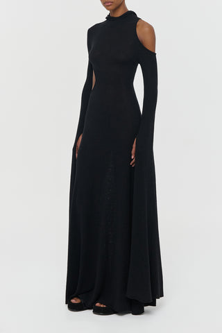 Black Mulberry Silk Daya Cutout Knit Hoodie Maxi Dress with Elongated Sleeves - Studio Side Angle | Gabriela Hearst