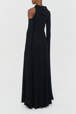 Black Silk Daya Cutout Knit Hoodie Maxi Dress Showing Hood and Side Cutout - Studio Back View | Gabriela Hearst