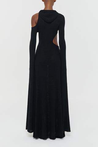 Black Mulberry Silk Daya Hoodie Maxi Dress with Architectural Side Cutout - Studio Three Quarter Back | Gabriela Hearst