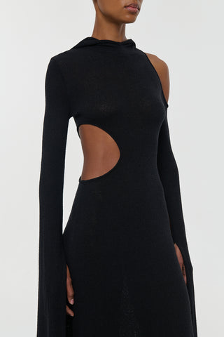 Black Silk Daya Dress Shoulder Cutout and Micro Boucle Knit Texture - Studio Close-up Detail | Gabriela Hearst