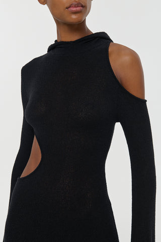 Black Mulberry Silk Daya Hoodie Dress Hood and Shoulder Cutout Detail - Studio Upper Body Close-up | Gabriela Hearst