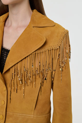 Cashew Suede Fringe with Rose Gold Charms - Close-Up Detail | Gabriela Hearst